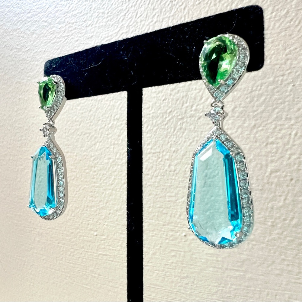 Elegant Green and Blue Crystal Drop Earrings